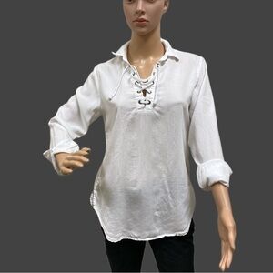 CLOTH & Stone White 100% Tencel Lace-Up Neck Collared Shirt Women's size XS